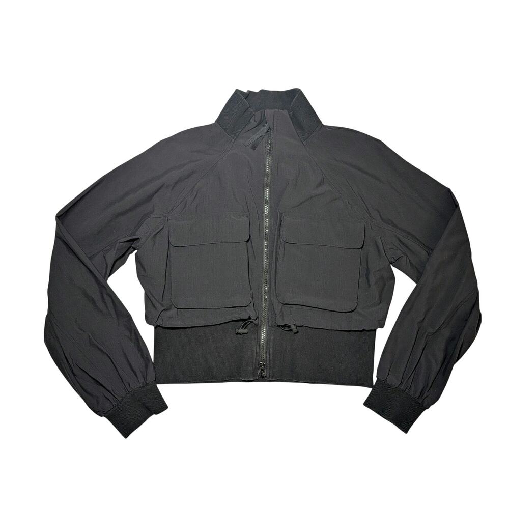 FLX Large Black Cropped Full Zip Utility Bomber Jacket Cargo Pockets Ribbed L